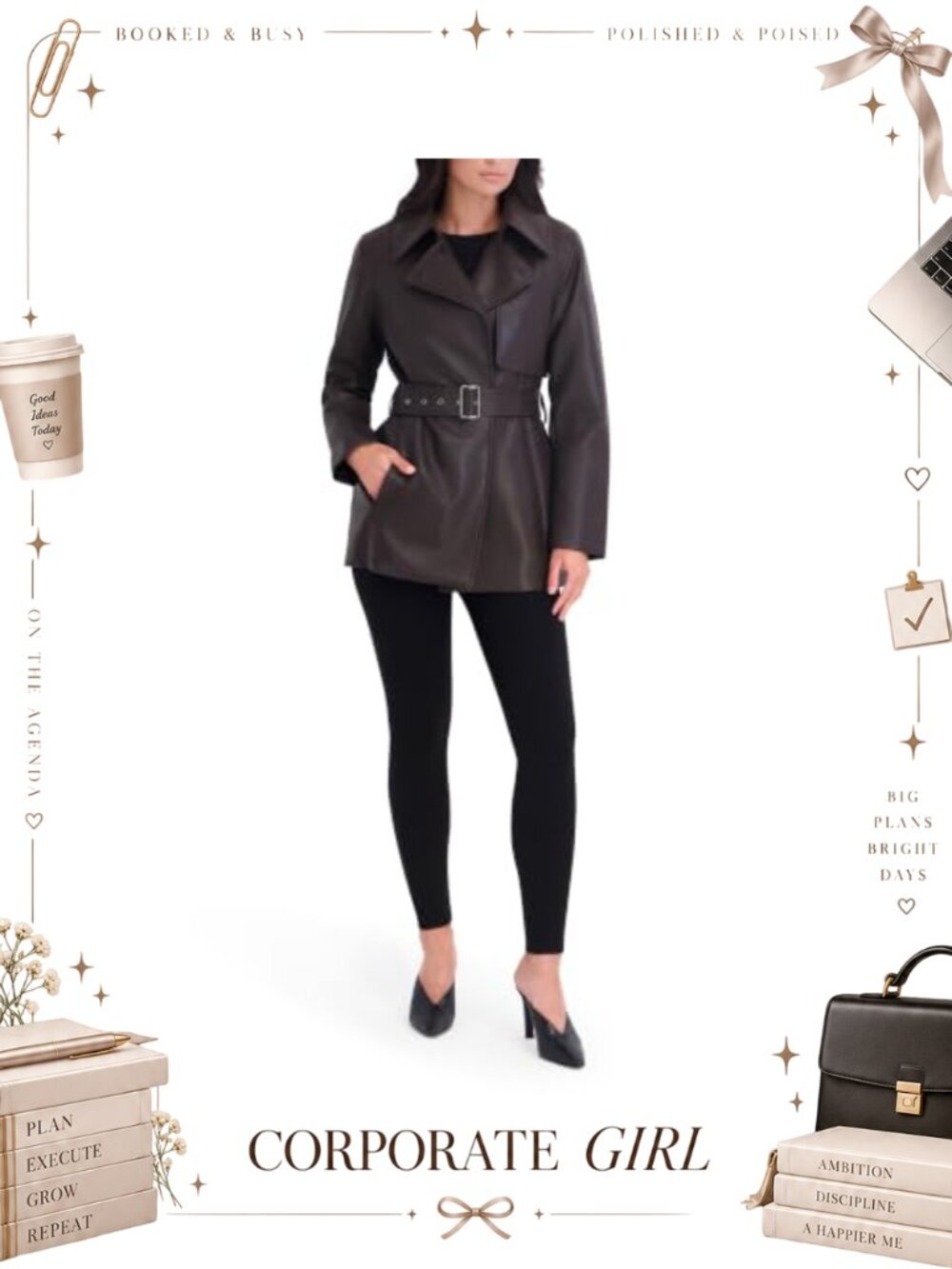 Faux Leather Belted Trench Coat Notched Collar Snap Closure
